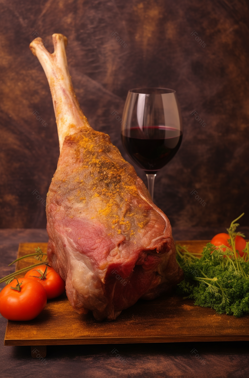 红色纹理背景烤全羊腿配红酒拍摄,高清,摄影图,摄影图片,图片大全,摄影图免费下载